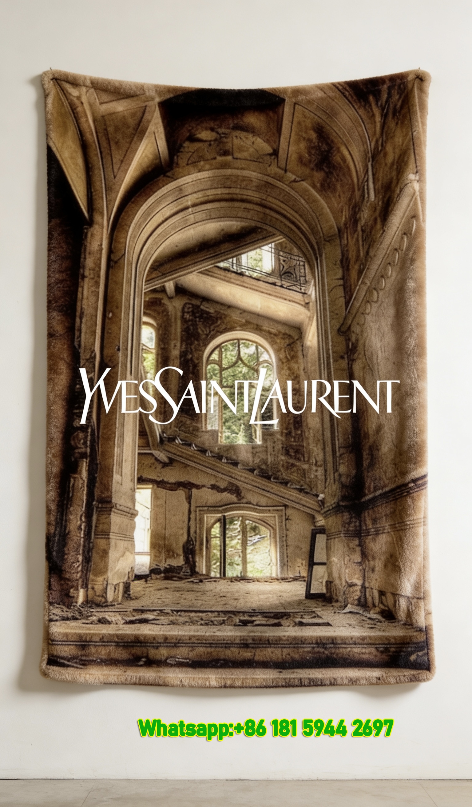 Yves Saint Laurent YSL Vintage Beige Abandoned Mansion Print Flannel Sofa Throw Blanket Luxury Aesthetic Decor Blanket IMG_3249